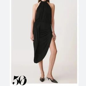 ZARA DRAPED, RUCHED HALTER BLACK VISCOSE, MIDI 50TH DRESS, US M